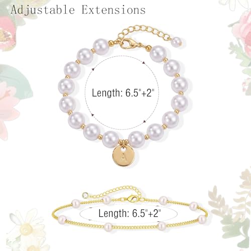 Fizzlup 2Pcs Pearl And Gold Initial Bracelet Set，Dainty Pearls Bracelets Jewelry for Women Wedding Prom Trendy Crystal Charm Cuff Stack Bead Linkbracelet Personalized Gift Stuff Letter - color: N