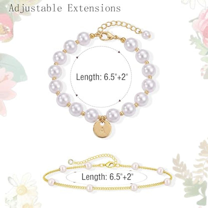 Fizzlup 2Pcs Pearl And Gold Initial Bracelet Set，Dainty Pearls Bracelets Jewelry for Women Wedding Prom Trendy Crystal Charm Cuff Stack Bead Linkbracelet Personalized Gift Stuff Letter - color: N