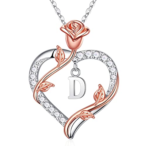 Iefil Anniversary Birthday Gifts for Women, Rose Heart Initial Necklace | Gift Box Packaging, 925 Sterling Silver, Jewelry Gifts for Women Her Wife Mom Girlfriend, Initial A-Z, 19+2inches - color: IEFIL JEWELRY BOX, style: D