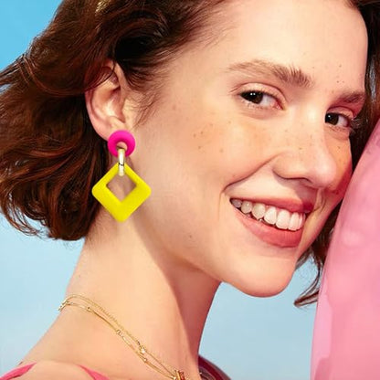 70s 80s Vintage Resin Neon Square Dangle Drop Earrings Simplicity Acrylic Hollow Round Circle Geometry Stud Earrings for Women - style: Rose Red Yellow