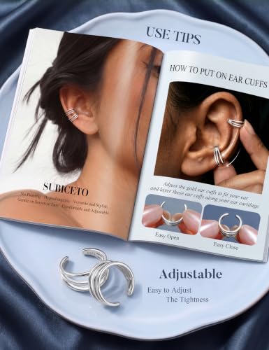 Subiceto 925 Sterling Silver Ear Cuffs Non Piercing - Adjustable Hypoallergenic 14K Gold Plated Clip On Earrings for Women Cubic Zirconia Silver Ear Cuff Helix Cartilage Fake Piercing - color: 08 Three Hoop Silver Tone