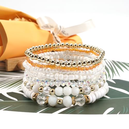 7Pcs Bohemia Multilayer Stackable Crystal Beaded Bracelet Set Multicolor Surfer Heishi Clay Gold Beaded Friendship Stretch Bracelets for Women Men Summer Beach Boho Vacation Jewelry Gifts - color: Z-White