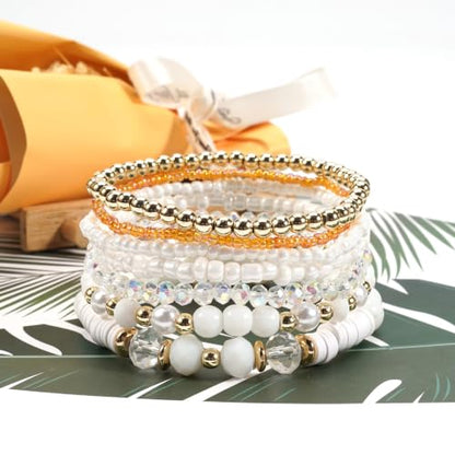 7Pcs Bohemia Multilayer Stackable Crystal Beaded Bracelet Set Multicolor Surfer Heishi Clay Gold Beaded Friendship Stretch Bracelets for Women Men Summer Beach Boho Vacation Jewelry Gifts - color: Z-White