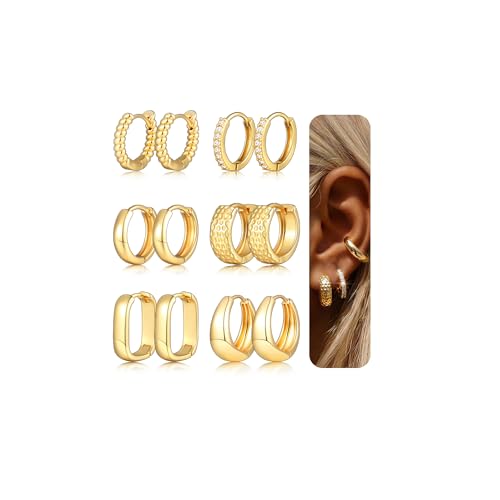 6 Pairs Gold Hoop Earrings Set for Women, 14K Gold Plated Lightweight Chunky Twisted Huggie Hoops, Hypoallergenic Small Thick Hoop Multipack Jewelry Gift - color: Hammered Gold