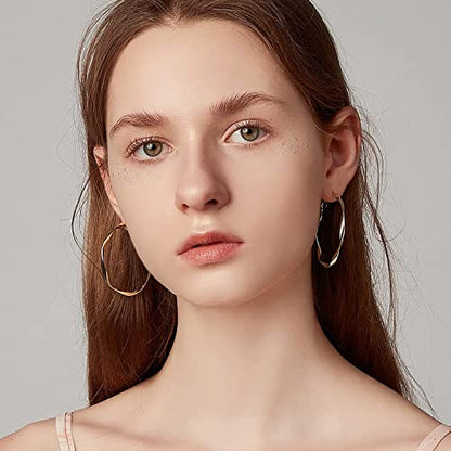 24K Gold Hoop Earrings for Women Trendy Real Gold Plated Twisted Thin Huggie Hoops, Dainty Cute Big Gold Filled Dangle Hoop Earrings Nickel Free Womens Earrings for Sensitive Ears Hypoallergenic - style: White Gold 50mm