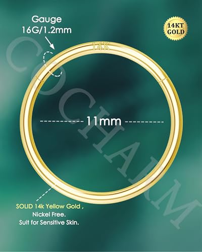 14K Solid Gold Nose Rings, Yellow Gold, 18g/16g/20g | For Women Man, Real Gold, 14Kt, Tiny Seamless Hoop, Nose Piercing, Cartilage Earring, Hypoallergenic - color: HoopA, size: 16g- 11mm