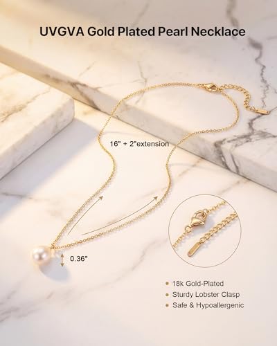 Pearl Necklaces for Women, 18K Gold Plated Dainty Simple Pendant Necklace | Elegant Birthday Bridesmaid Wedding Gifts for Women