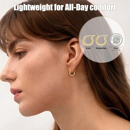 Gold Hoop Earrings for Women 14K Gold Plated | 925 Sterling Silver Post Hypoallergenic Hoop Earrings - color: Gold, size: 14mm
