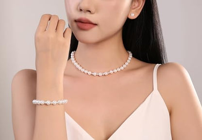 Pearl Jewelry Set for Women & Girls, Rhinestone Necklace Bracelet Earrings | 8mm White Faux Pearl Set, Rhinestone Sparkle Detail, Prom Night Accessory, Party, Gift - style: 14.5 inches