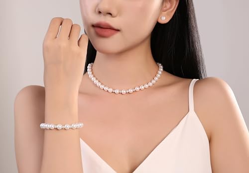 Pearl Jewelry Set for Women & Girls, Rhinestone Necklace Bracelet Earrings | 8mm White Faux Pearl Set, Rhinestone Sparkle Detail, Prom Night Accessory, Party, Gift - style: 16 inches