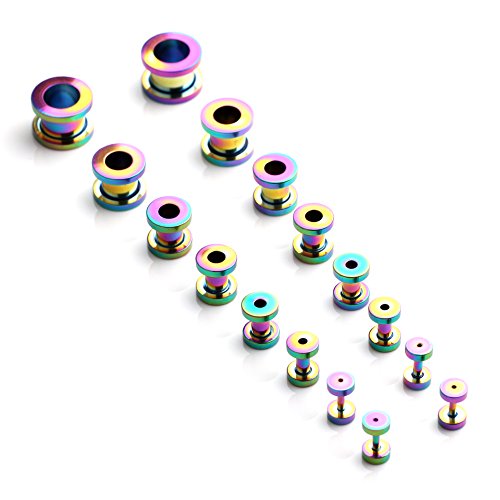 16pcs Surgical Steel Screw Tunnel Gauge Ear Expander Stretching Kit Plugs Piercing -8 Pairs 14g-00g (1.6mm-10mm) - color: Rainbow
