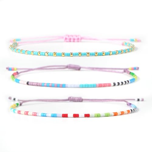 Seed Beaded String Rope Adjustable Bracelets Set for Women Men, Small Colorful Boho Rice 3Pcs Stack Handmade Thin Jewelry, Daily Beach Vacation Friendship Gift - color: Green Blue C