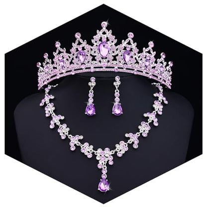 Crystal Crown and Tiara Jewelry Set for Women Bride with Necklace Earrings | Metal Rhinestone Royal Queen Princess Jewelry Set Wedding Quinceanera Pageant Prom Birthday Halloween Party Costume Gift - color: Purple