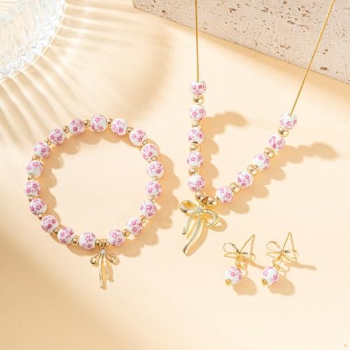 3PCS Bow Beaded Jewelry Set for Women Vintage Handmade Flower Blue And White Porcelain Enamel Ribbon Necklace Bracelet and Earrings Bow Christmas Birthday Holiday Charm Romantic Jewelry Gifts - style: Pink
