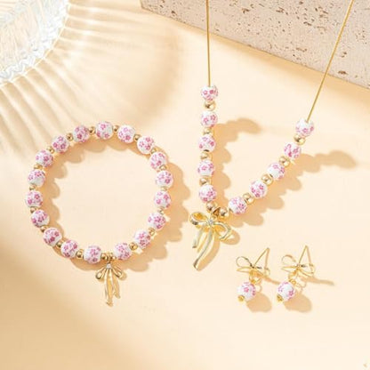 3PCS Bow Beaded Jewelry Set for Women Vintage Handmade Flower Blue And White Porcelain Enamel Ribbon Necklace Bracelet and Earrings Bow Christmas Birthday Holiday Charm Romantic Jewelry Gifts - style: Pink