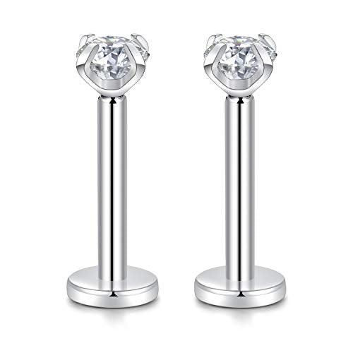 GAGABODY G23 Titanium 16G 6/8/10mm Clear CZ/Opal Internally Threaded Labret Monroe Lip Studs 6mm Helix Cartilage Tragus Earring Piercing - color: 16G-2Pcs - Length:8mm CZ:4mm