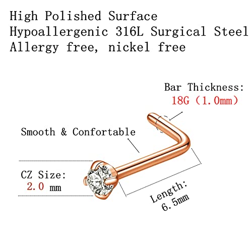 316L Surgical Steel 22g/20g/18g Nose Rings Studs L-Shape Nose Nostrial Piercing Body Jewerly L Shaped Nose Studs 1.5mm 2mm 2.5mm 3mm CZ Nose Screw Studs Rings for Women - style: 6pcs/L-shape/18g/2.0mm Clear CZ/Rose Gold