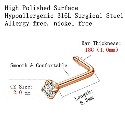 316L Surgical Steel 22g/20g/18g Nose Rings Studs L-Shape Nose Nostrial Piercing Body Jewerly L Shaped Nose Studs 1.5mm 2mm 2.5mm 3mm CZ Nose Screw Studs Rings for Women - style: 6pcs/L-shape/18g/2.0mm Clear CZ/Rose Gold
