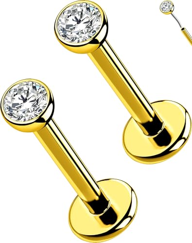 OUFER 2Pcs 20G/18G/16G G23 Titanium Threadless Nose Stud Earrings Flat Back Tiny CZ Small Nose Helix Cartilage Tragus Conch Labret Medusa Monroe Piercing Jewelry for Women Men - color: Gold, size: 2pcs, 16g 8mm, 2mm cz