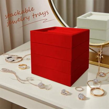 SCIKHETF Velvet Ring Earrings Studs organizer Tray Small Ring Insert Display Tray 5 Slots Stackable (Red) - color: Red