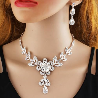 Women Crystal Jewelry Set, 3PCS Gold Bridal Earrings Princess Luxury Necklace Banquet Style Drop Necklace Stainless Steel Crystal Necklaces - color: Multicolor