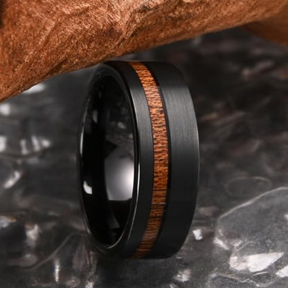 Tungsten Carbide Rings for Men 8mm Black Hammered Whiskey Barrel Wood & Elk Antler Inlay Men's Engagement Wedding Bands Matte Brushed - color: 8mm black Brushed