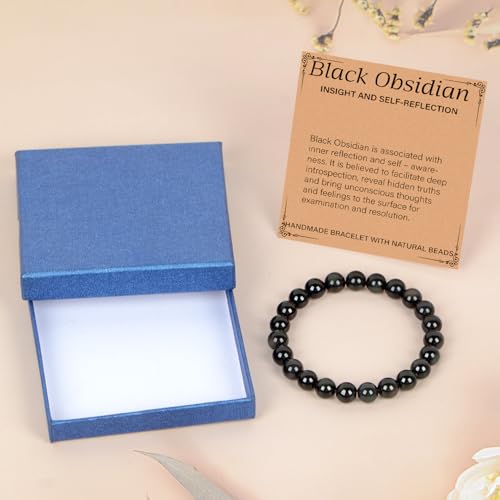 LPBeads Handmade Natural Gemstone Stretch Elastic Bracelet Healing Crystal Round Stone Beads Jewelry Gifts for Women Men - color: Black Obsidian, size: 8mm