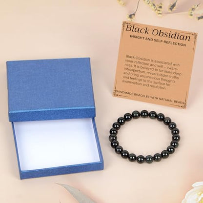 LPBeads Handmade Natural Gemstone Stretch Elastic Bracelet Healing Crystal Round Stone Beads Jewelry Gifts for Women Men - color: Black Obsidian, size: 8mm