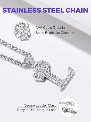 Richsteel Silver Crown Initial A-Z Letter Pendant Necklace for Men Women | Cubic Zirconia Monogram, 316L Steel Chain, 22" + 2" Extender,Hypoallergenic,Gift Box, Hip Hop Jewelry - style: L