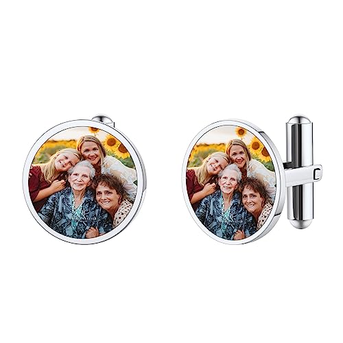 FindChic Stainless Steel Round Cufflinks with Custom Text/Picture/Monogram Letters 18K Gold Plated/Black Color for Men Groom Suits Shirts, with Gift Box - style: 02. custom photo-round (stainless steel)