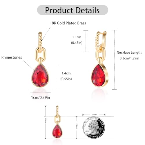 Crystals Teardrop Dangle Drop Earrings, 18K Gold Plated Hoop Earrings Zirconia Jewelry for Women Gifts - color: Red-Long