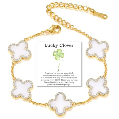 Qitian Clover Bracelet for Women 18K Gold Four Leaf Pink Lucky Link Clover Bracelets, Trendy Bracelets Set Jewelry Gifts for Women - color: B-White