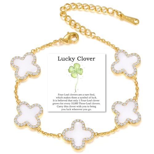 Qitian Clover Bracelet for Women 18K Gold Four Leaf Pink Lucky Link Clover Bracelets, Trendy Bracelets Set Jewelry Gifts for Women - color: B-White