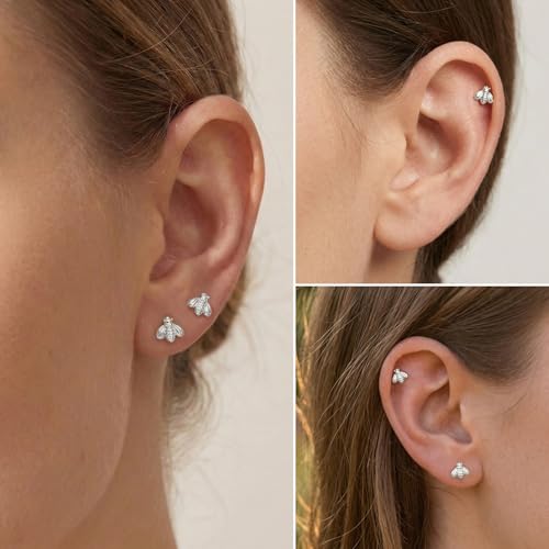 Flat Back Earrings for Women Cartilage Helix | Comfortable Dainty Cute Dragon Bee Bird Phoenix Dragonfly Cute Animal Leaf Spiral Rhombus Design Flatback Stud Earrings - color: Silver Bee