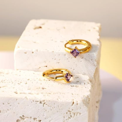 316L Surgical Steel Birthstone Hoop Earrings for Women | Lightweight, 5A Cubic Zirconia, Hypoallergenic, Lead & Nickel Free, 8mm Huggie Hoops - color: 18k gold-plated: 02. February (Amethyst)