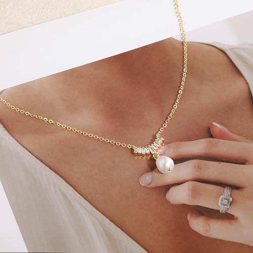 Pearl Necklaces for Women,Dainty Gold Pendant Necklaces Waterproof Jewelry | 14K Gold Plated Pearl Necklaces,Dainty Elegant Wedding Necklace,Small Cute Adjustable Minimalist Necklace,Non Tarnish Jewelry - color: GOLD-12