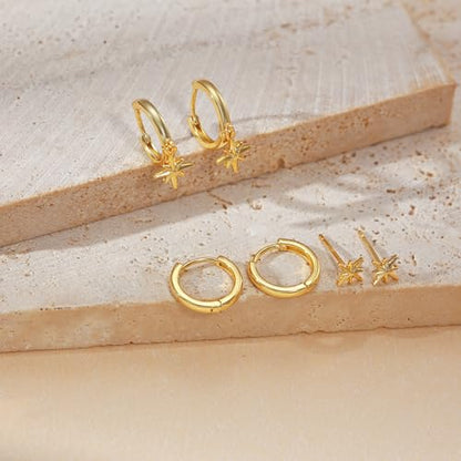 Freekiss 3 Pairs Hoop Earrings Set - Dainty Stud Dangle Cartilage for Women | Hypoallergenic Earrings, Cubic Zirconia Stackable Trendy Small Set Jewelry Gifts for Women - style: star dangle earrings-GD