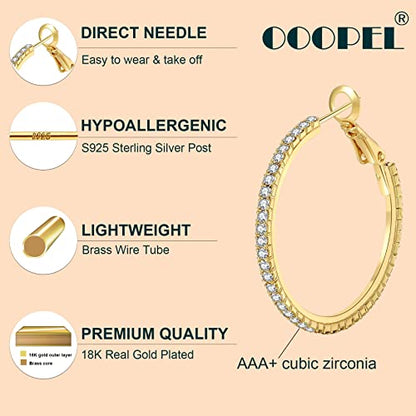 925 Sterling Silver Earrings Large Rhinestone Hoop Earrings Big Cubic Zirconia Hoop Earrings Thin Rhinestones Round Hoop Earrings for Women 20/30/40/50/60/70mm Sparkly Hoops With Crystals for Womens - color: Gold,30mm