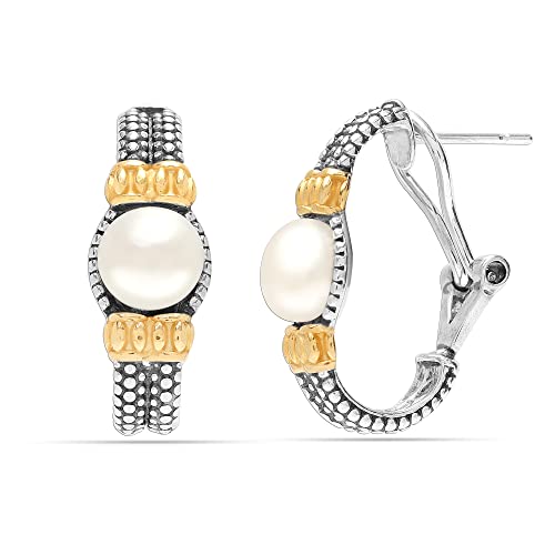 LeCalla 925 Sterling Silver Omega Back Earrings for Women | Clip-On Pierced Stud Earrings Gift for Her, Wife or Girlfriend | Classic Omega Back Stud Earrings Jewelry for Daily Wear or Special Occasions - color: Two-Tone Freshwater Pearl