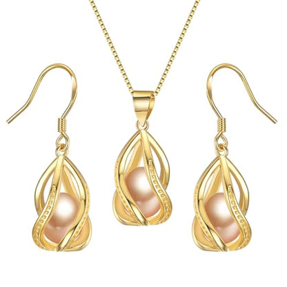Pearl Jewelry Set For Women S925 Sterling Silver/14K Gold Plated Necklace & Earrings Set Freshwater Pearl Pendant Cage Set for Wedding Anniversary Prom Birthday Gift - color: Golden-Pink
