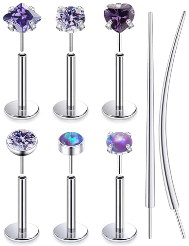 F136 Titanium 20/18/16g Internally Threaded Medusa Monroe Lip Ashley Labret Nose Rings Flat Back Tragus Helix Cartilage Conch Screw Stud Earrings Surgical Steel Piercing Jewelry for Women - color: Purple CZ, size: 16g*5/16in