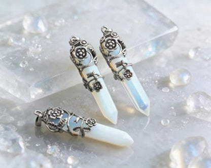 Top Plaza Flower Wrapped Natural Opalite Crystal Necklace | Antique Silver Healing Crystal Gemstone Necklaces for Women Mothers Day Mom Gifts - color: Synthetic Opalite