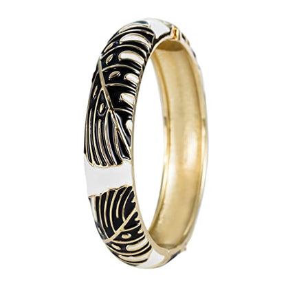Hawaiian Monstera Luau Leaves Hinged Clasp Fashion Enamel Bangle Bracelet - color: White
