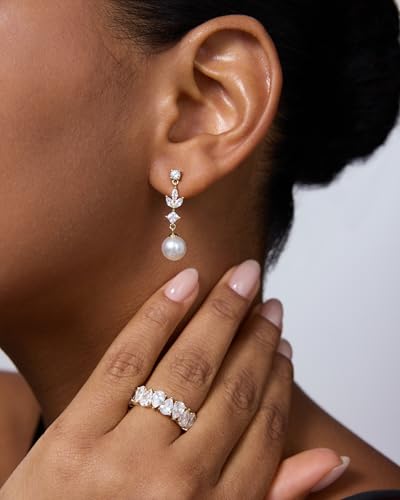 PAVOI 14K Gold Plated Cubic Zirconia Dangle Earrings for Women - Crystal Long Linear Bridal Drop Earrings - Cluster CZ Pearl Simulated Diamond Drop Dangle Wedding Jewelry for Brides & Bridesmaid - style: Pearl