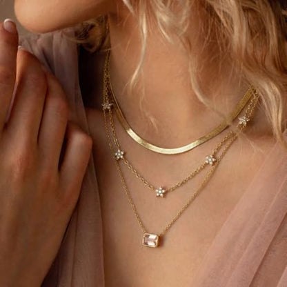 Coolkin 3 PCS Women Gifts Layered Gold Necklace for Women,14K Gold Plated Dainty CZ Pendant Layering Gold Necklaces Set Chain Choker Cubic Zirconia Necklace Trendy Jewelry Gifts - style: Rectangle CZ