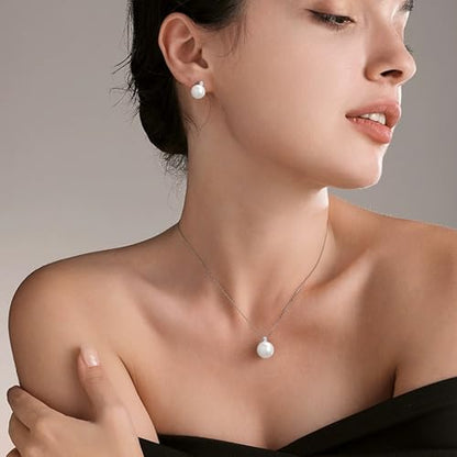 Single Black Pearl Pendant Necklace with Cubic Zirconia for Women S925 Sterling Silver Simple Crystal Pearl Drop Necklace Charm Chain Wife Daughter Birthday Wedding Graduation Jewelry Gifts - color: White, size: 8MM