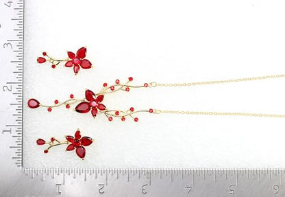 Faship Gorgeous CZ Crystal Floral Necklace Earrings Set - color: Red / 14K gold plated