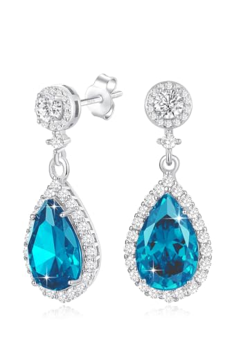 Silver Diamond Dangle Earrings for Women Rhinestone Teardrop Crystal Cubic Zirconia Drop Dangling Wedding Costume Jewelry - color: 12.December-White Gold Plated | Blue