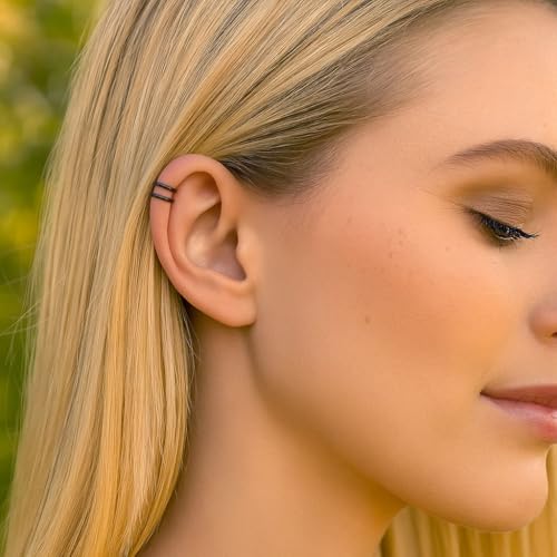 Fake Double Hoop Helix Piercing Ear Cuff - 14K Gold Filled, 925 Sterling Silver, Black Silver Ear Cuffs - Faux Helix Hoop Earring - Clip On Fake Piercing Jewelry - Ear Cuffs Non Piercing - color: Black Silver