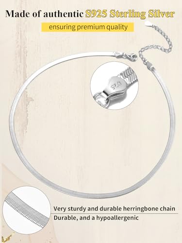 ChainsHouse Flat Snake Chain Herringbone Choker Necklace for Women, Stainless Steel/Rose Gold/18K Gold Plated Dainty Adjustable Simple Short Layered Necklaces, 12"/15"/18" with 3.5" Extender - color: b. sterling silver-3mm